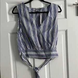Blue and White Sleeveless Crop Wrap Blouse